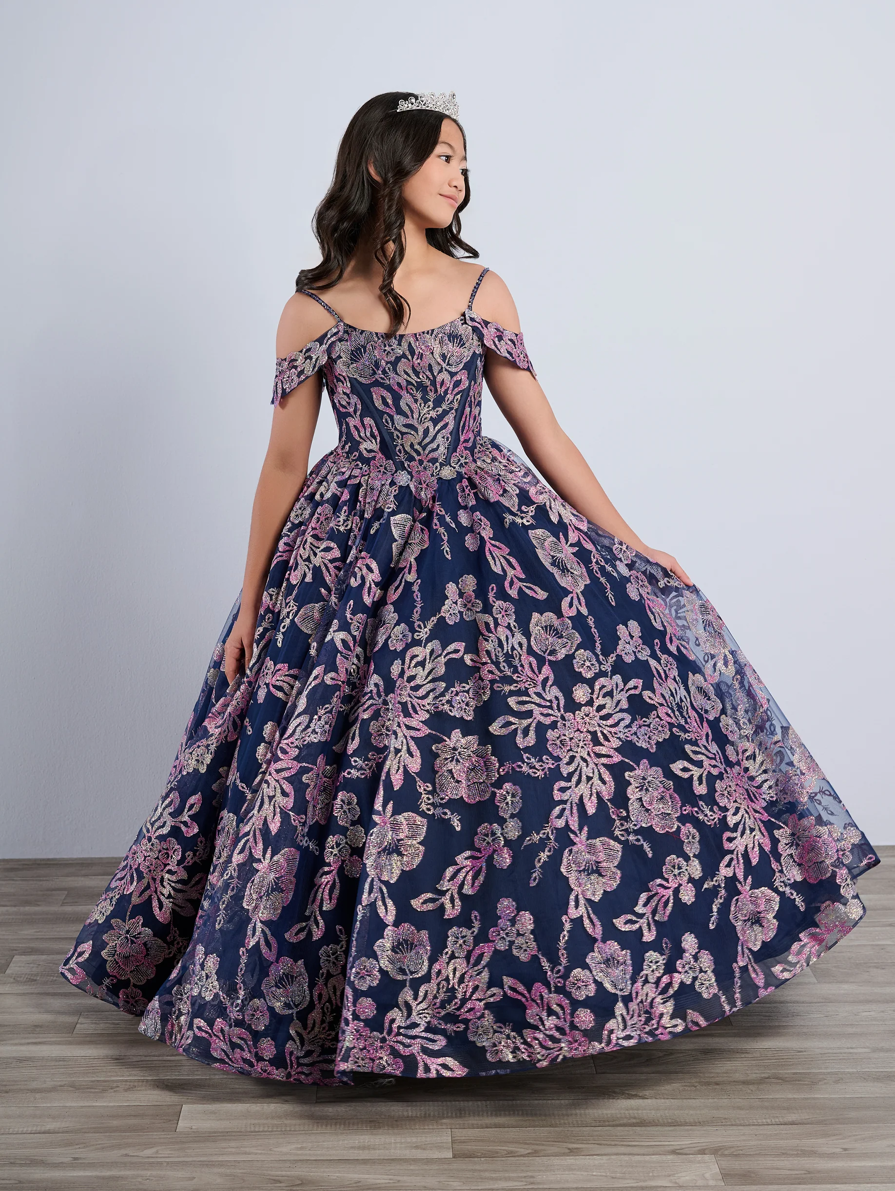 Tiffany Princess 13794 Glitter Floral Girls Pageant Dress off the shoulder Cape Corset Ballgown - Image 5