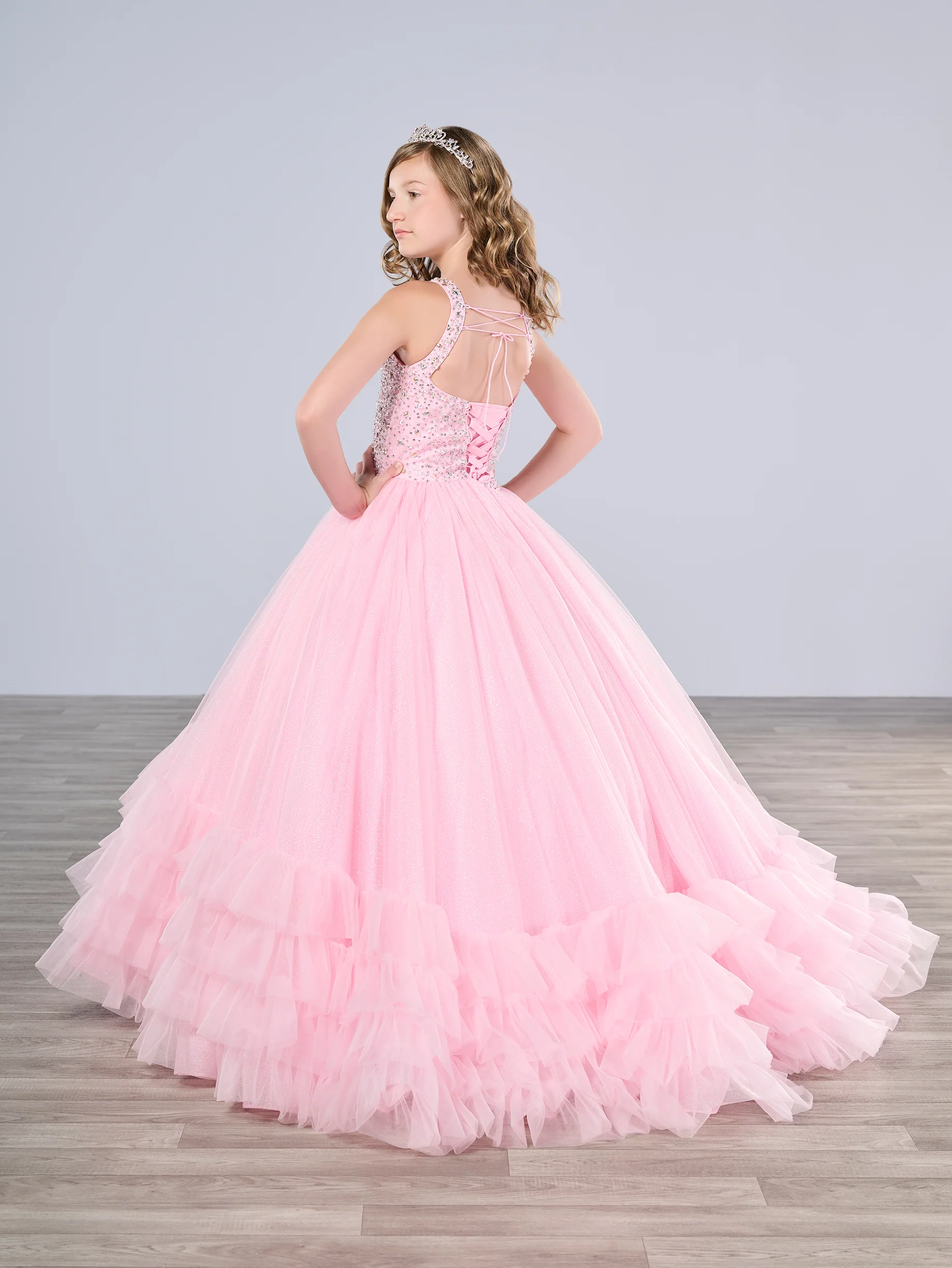 Tiffany Princess 13795 Ruffle Skirt Girls Pageant Dress Crystal High Neck Backless Corset - Image 9