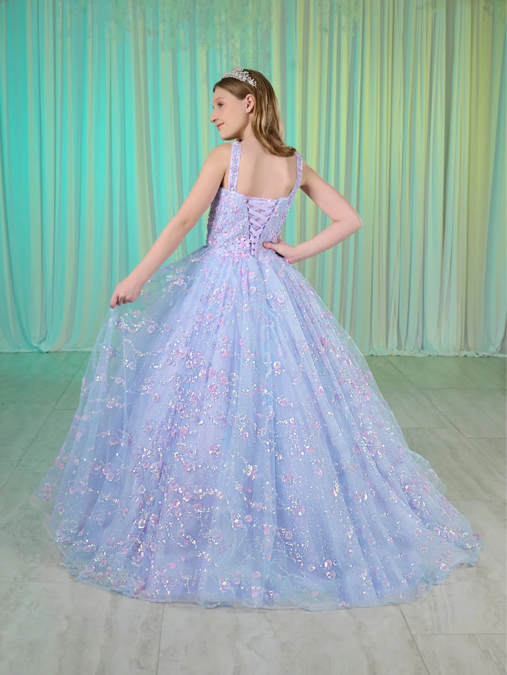Tiffany Princess 80026MQ Size 2 Lilac Girls Sequin Pageant Dress Corset Ball Gown Scoop neck Train - Image 3