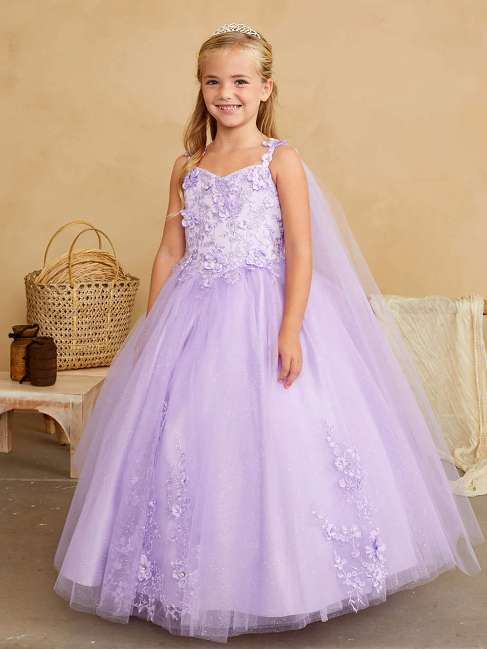 Tip Top 7040 Long Glitter Lace Girls Pageant Dress Formal Flower Girl Gown Detachable Cape - Image 3