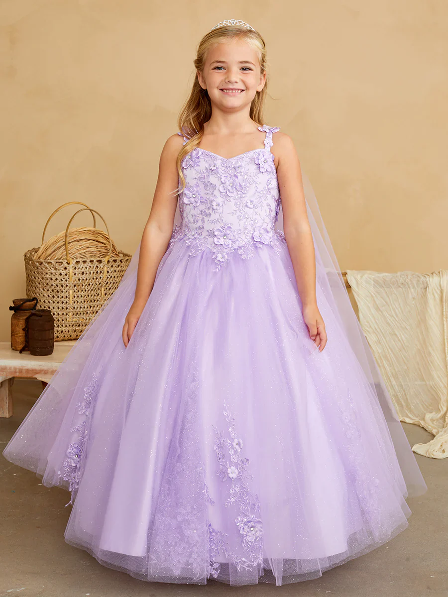 Tip Top 7040 Long Glitter Lace Girls Pageant Dress Formal Flower Girl Gown Detachable Cape - Image 5