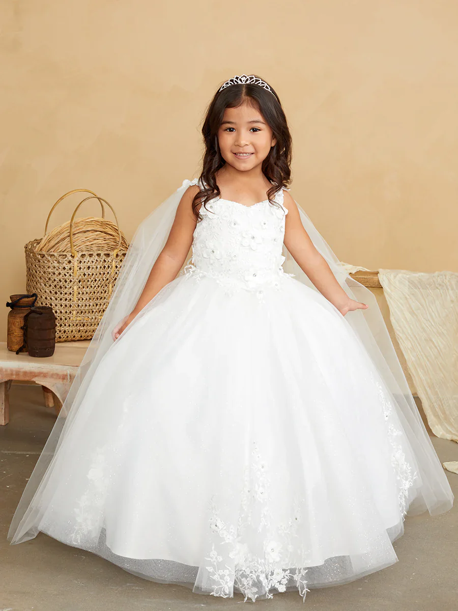 Tip Top 7040 Long Glitter Lace Girls Pageant Dress Formal Flower Girl Gown Detachable Cape - Image 6