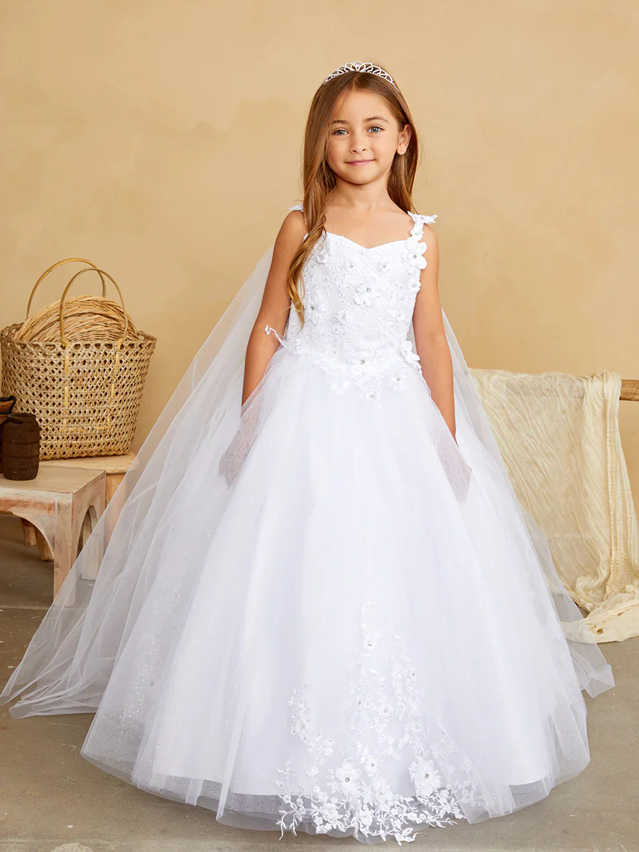 Tip Top 7040 Long Glitter Lace Girls Pageant Dress Formal Flower Girl Gown Detachable Cape - Image 4