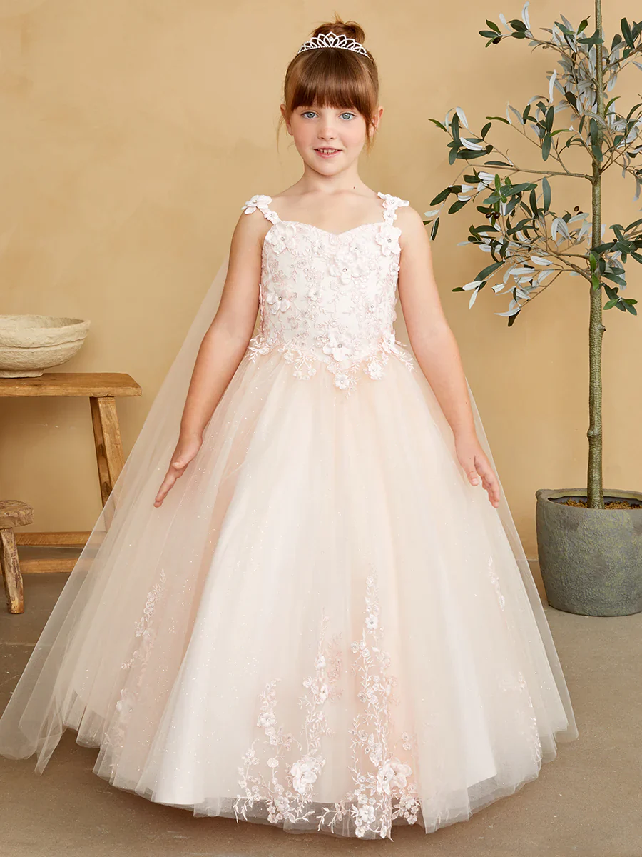Tip Top 7040 Long Glitter Lace Girls Pageant Dress Formal Flower Girl Gown Detachable Cape - Image 7