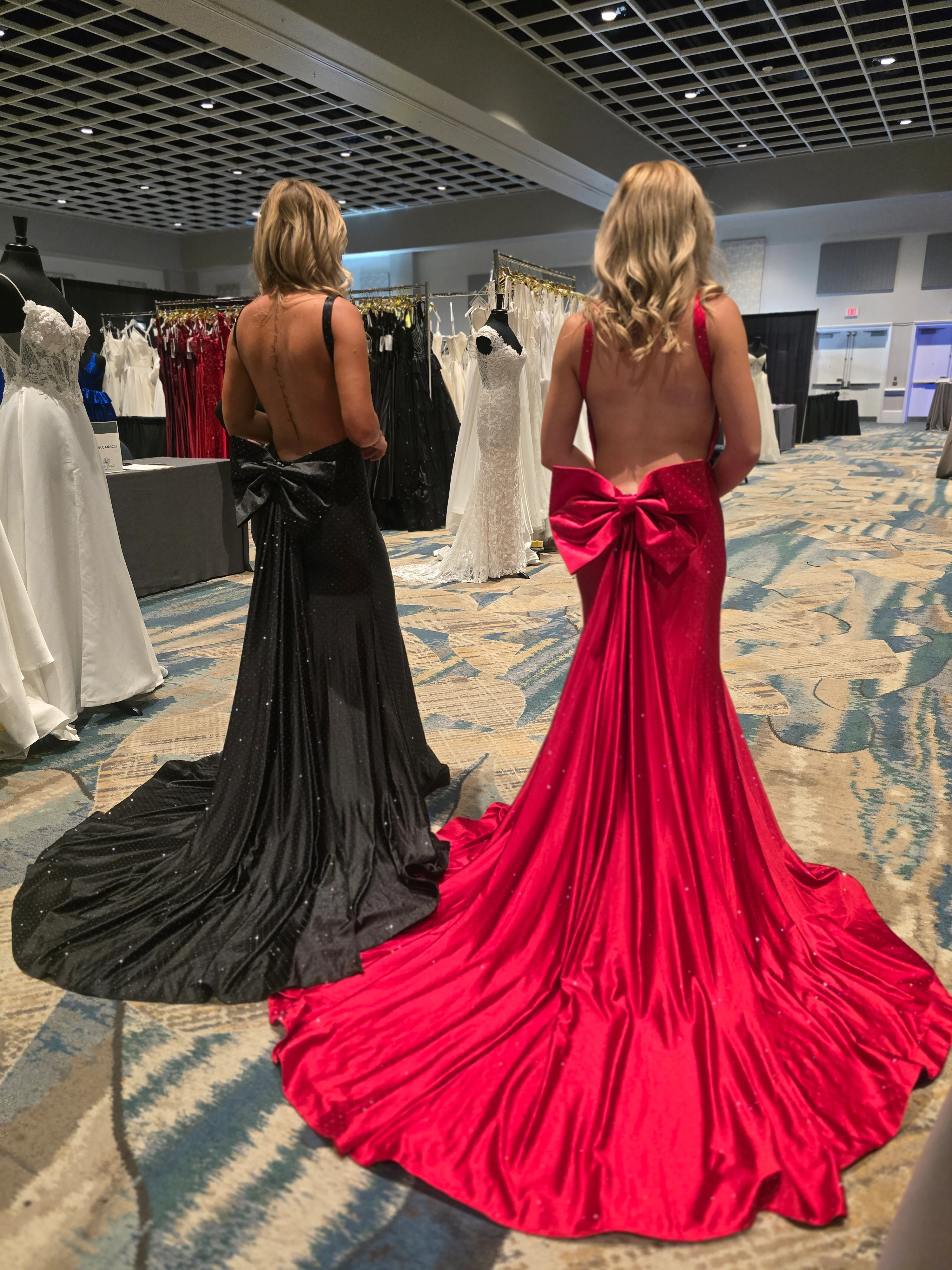 Nina Canacci 9212 Crystal Jersey Prom Dress Backless Bow Overskirt Gown Formal