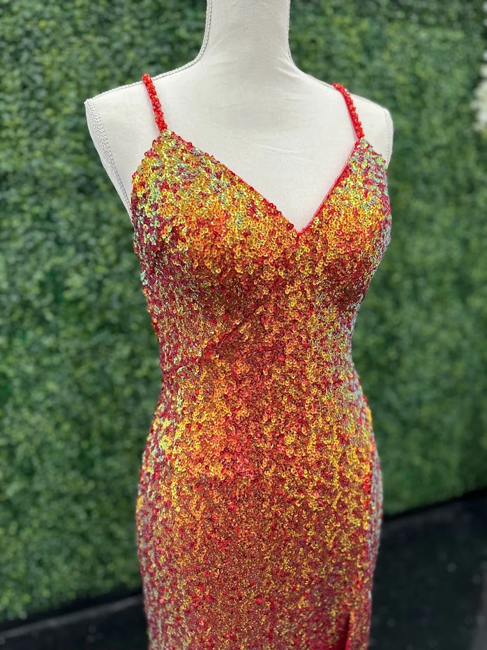 VIENNA Prom 60096 Size 6 Lava Sequin Short Fitted Neon Homecoming Dress Slit Cocktail Dress Formal - Image 2