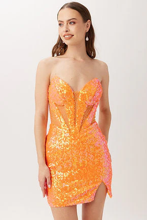 VIENNA Prom 60100 Size 0 Orange Sequin Homecoming Dress Slit V-Neck Cut Out Bodice Cocktail - Image 2