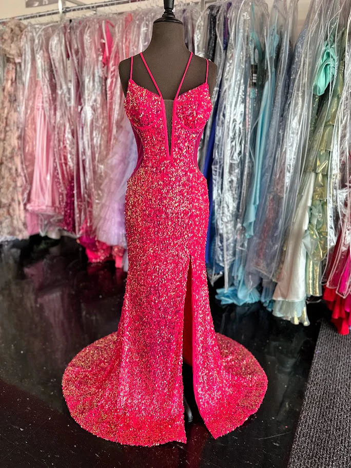 Vienna Prom 8880 Size 4 Fuchsia Long Prom Dress Sequin Fitted Sheer Plunging Neckline Sheer Sides Slit Formal Pageant Gown