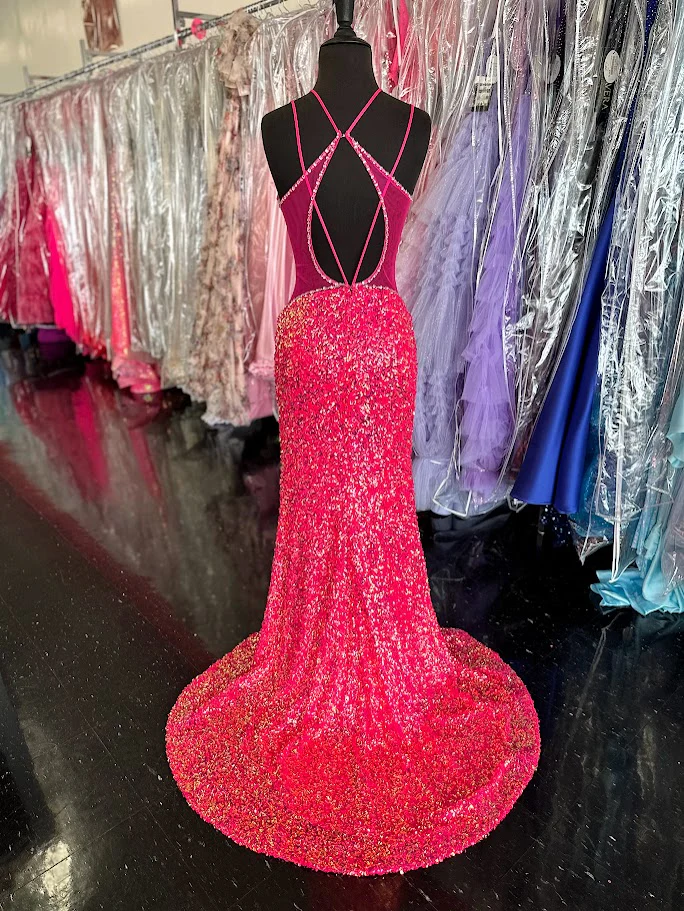 Vienna Prom 8880 Size 4 Fuchsia Long Prom Dress Sequin Fitted Sheer Plunging Neckline Sheer Sides Slit Formal Pageant Gown - Image 2