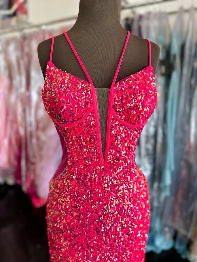 Vienna Prom 8880 Size 4 Fuchsia Long Prom Dress Sequin Fitted Sheer Plunging Neckline Sheer Sides Slit Formal Pageant Gown - Image 3