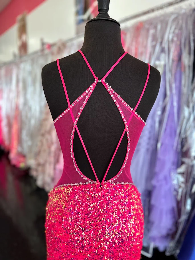 Vienna Prom 8880 Size 4 Fuchsia Long Prom Dress Sequin Fitted Sheer Plunging Neckline Sheer Sides Slit Formal Pageant Gown - Image 4