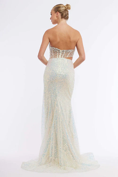 Vienna Prom 8885 Size 4 Yellow Sheer Crystal Corset Sequin Prom Dress Slit Pageant Gown Ruched Waist - Image 3