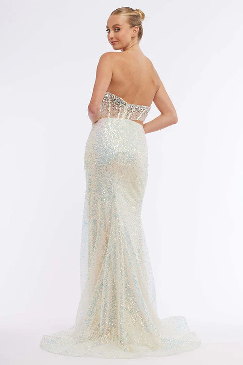 Vienna Prom 8885 Size 4 Yellow Sheer Crystal Corset Sequin Prom Dress Slit Pageant Gown Ruched Waist - Image 5