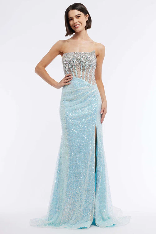 Vienna Prom 8885 Size 4 Yellow Sheer Crystal Corset Sequin Prom Dress Slit Pageant Gown Ruched Waist - Image 7