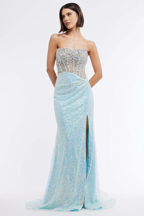 Vienna Prom 8885 Size 4 Yellow Sheer Crystal Corset Sequin Prom Dress Slit Pageant Gown Ruched Waist - Image 9