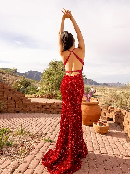 Vienna Prom Dress 8854 Size 10 Midnight Backless Velvet Sequin Fringe Slit Prom Dress V Neck Formal - Image 3