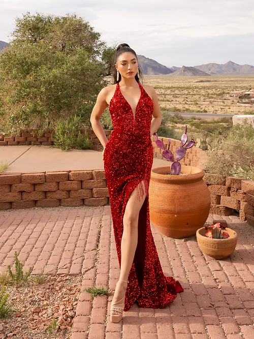 Vienna Prom Dress 8854 Size 10 Midnight Backless Velvet Sequin Fringe Slit Prom Dress V Neck Formal - Image 4