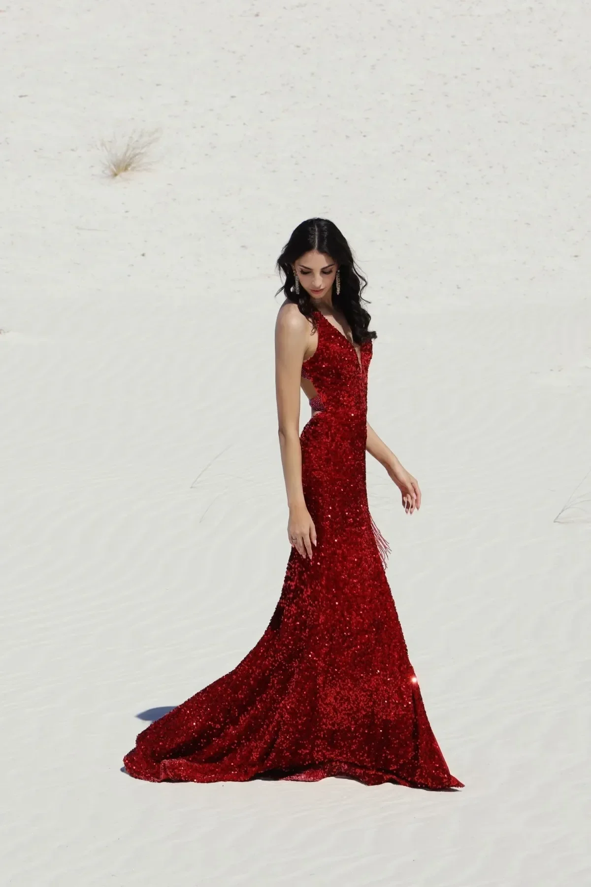 Vienna Prom Dress 8854 Size 10 Midnight Backless Velvet Sequin Fringe Slit Prom Dress V Neck Formal - Image 6