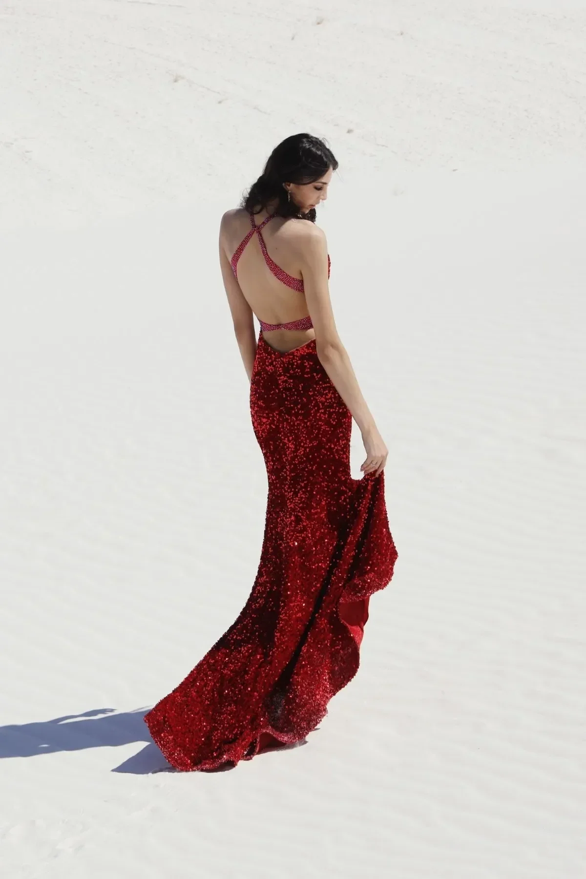Vienna Prom Dress 8854 Size 10 Midnight Backless Velvet Sequin Fringe Slit Prom Dress V Neck Formal - Image 7