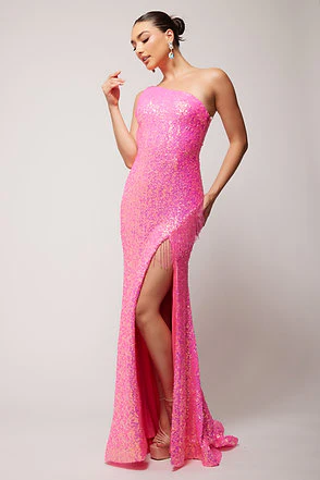 Vienna 8857 Size 10 Fuchsia Sequin Prom Dress Fringe Slit Gown