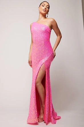 Vienna 8857 Size 10 Fuchsia Sequin Prom Dress Fringe Slit Gown - Image 3