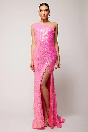 Vienna 8857 Size 10 Fuchsia Sequin Prom Dress Fringe Slit Gown - Image 4