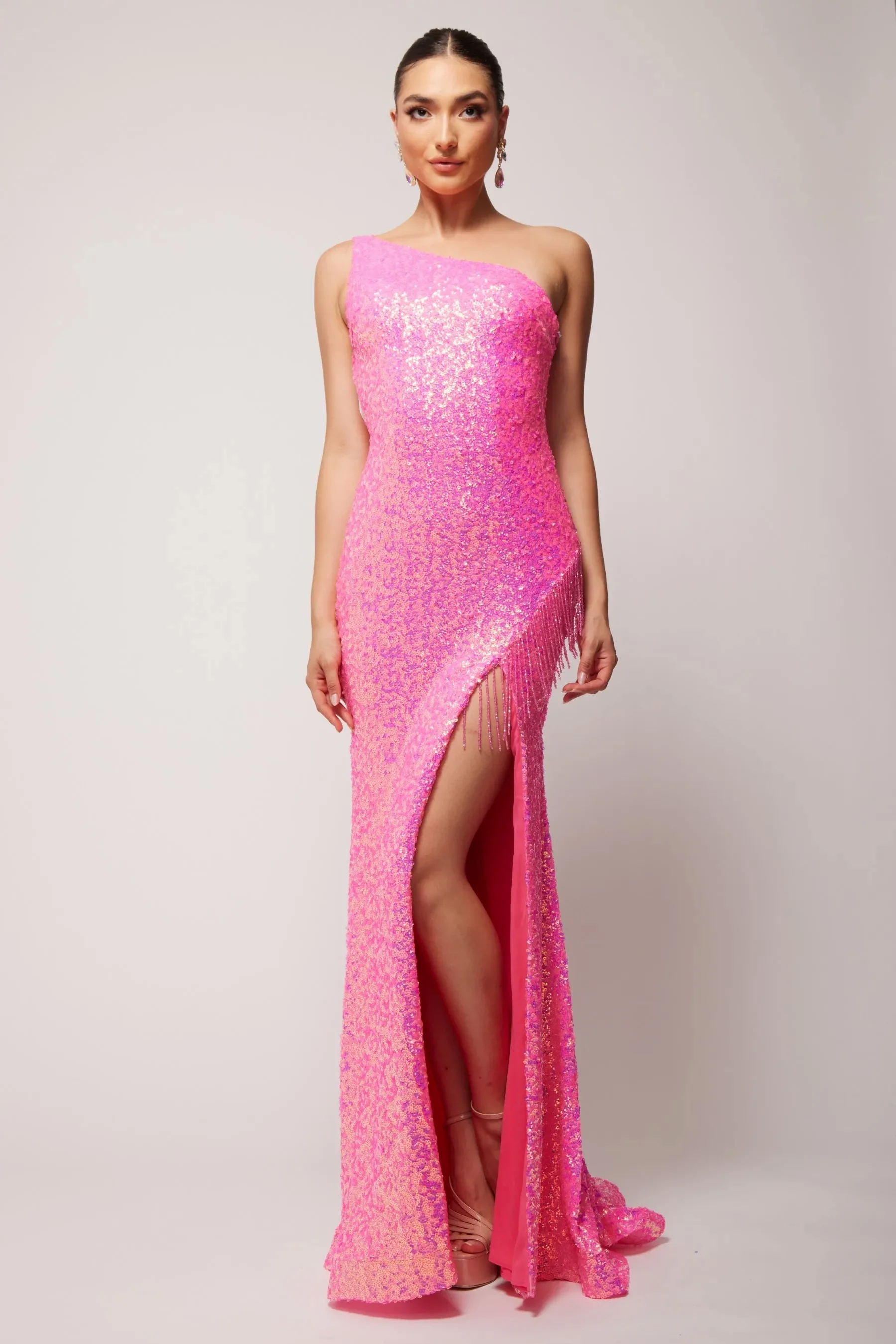 Vienna 8857 Size 10 Fuchsia Sequin Prom Dress Fringe Slit Gown - Image 6