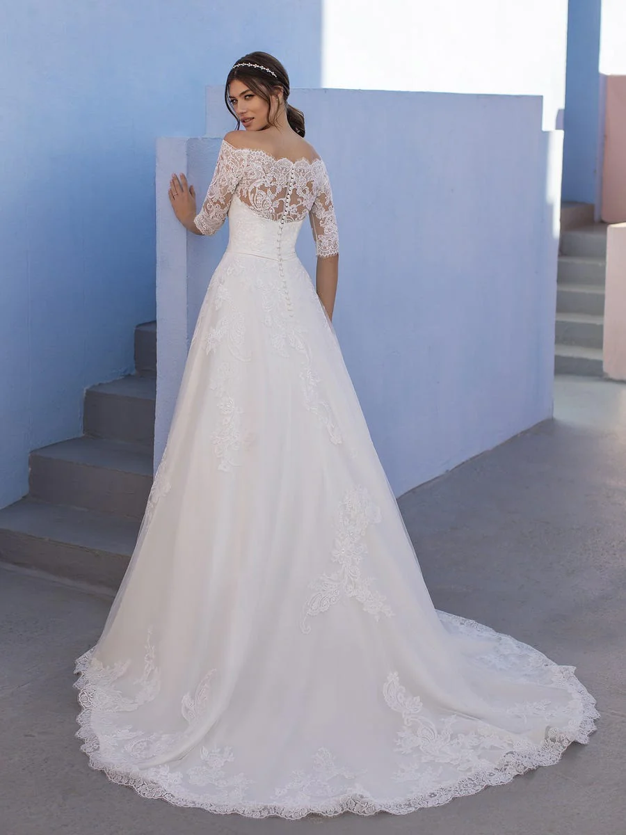 White One OSSA Size 28 Sheer Lace off the Shoulder Wedding Dress Sleeves Ballgown - Image 3
