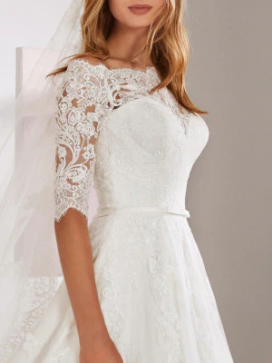 White One OSSA Size 28 Sheer Lace off the Shoulder Wedding Dress Sleeves Ballgown - Image 5