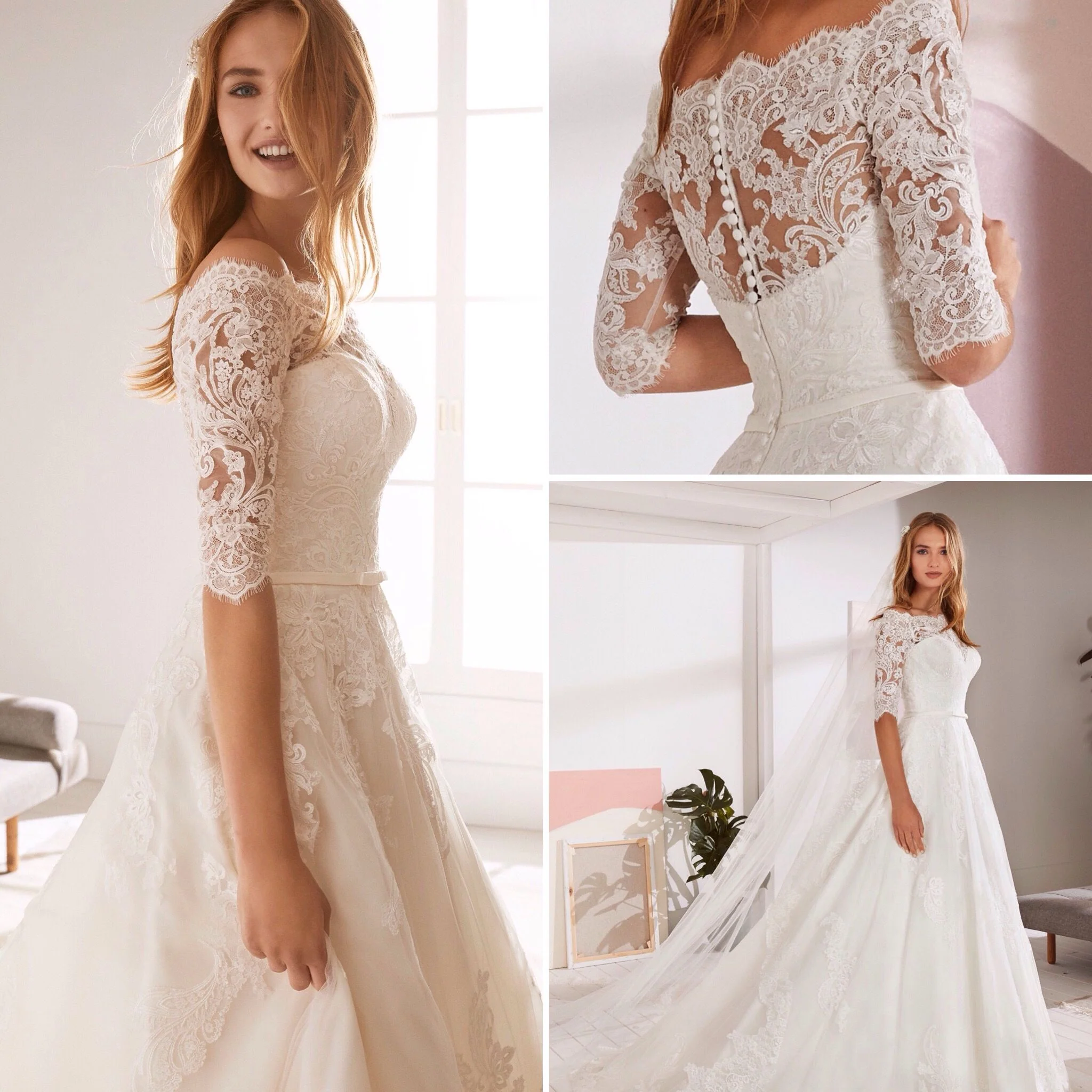 White One OSSA Size 28 Sheer Lace off the Shoulder Wedding Dress Sleeves Ballgown - Image 6