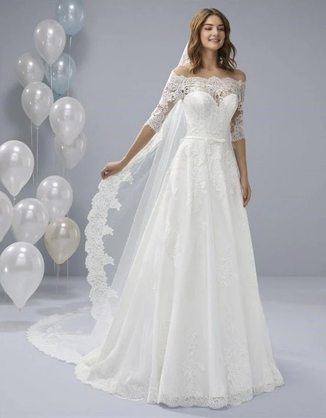 White One OSSA Size 28 Sheer Lace off the Shoulder Wedding Dress Sleeves Ballgown - Image 8